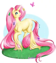 Size: 1397x1563 | Tagged: safe, artist:bunnywhiskerz, derpibooru import, fluttershy, butterfly, pony, unicorn, leak, spoiler:g5, colored hooves, cute, female, fluttershy (g5), g5, grass, head turn, leonine tail, looking at something, looking up, mare, missing cutie mark, open mouth, raised hoof, shyabetes, simple background, smiling, solo, unicorn fluttershy, unshorn fetlocks