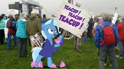 Size: 1967x1106 | Tagged: safe, artist:pixelkitties, derpibooru import, ms. harshwhinny, trixie, pony, banner, cup, irl, march, obsession, photo, picket sign, ponies in real life, strike (protest), teacup, that pony sure does love teacups, votehorse