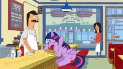 Size: 2048x1159 | Tagged: safe, artist:brony.enthusiast, derpibooru import, edit, edited screencap, screencap, twilight sparkle, twilight sparkle (alicorn), alicorn, human, pony, bob belcher, bob's burgers, burger, cropped, crossover, eating, food, hay burger, linda belcher, meme, restaurant, that pony sure does love burgers, twilight burgkle, watermark