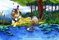 Size: 1024x698 | Tagged: safe, artist:scootiegp, derpibooru import, oc, oc:sunny, unofficial characters only, butterfly, pegasus, pony, brush, bulrush, card, female, flower, forest, grass, lake, lily (flower), paper, scrubs, signature, sitting, smiling, solo, traditional art, tree, water, water lily, wreath