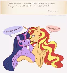 Size: 2700x2977 | Tagged: safe, artist:overlordneon, derpibooru import, sunset shimmer, twilight sparkle, twilight sparkle (alicorn), alicorn, pony, alicornified, dialogue, duo, female, i'm pancake, lesbian, mare, one eye closed, race swap, shimmercorn, shipping, smiling, sunsetsparkle, ultimate twilight