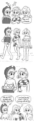 Size: 1280x4523 | Tagged: suggestive, artist:mkogwheel, derpibooru import, applejack, pinkie pie, rarity, human, apple, applejack's hat, breasts, casual nudity, clothes, comic, cowboy hat, drawthread, food, hat, humanized, monochrome, nudity, scarf, show accurate clothing, strategically covered, we don't normally wear clothes