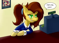 Size: 2338x1700 | Tagged: safe, artist:thebadgrinch, derpibooru import, oc, oc:renée shield, unofficial characters only, pony, cash register, clothes, coin, female, mare, solo, suit