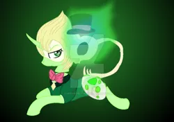 Size: 800x564 | Tagged: safe, artist:superrosey16, derpibooru import, ponified, original species, pony, augmented tail, clothes, deviantart watermark, obtrusive watermark, peridot (steven universe), prone, skull, solo, steven universe, suit, watermark