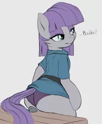 Size: 1233x1507 | Tagged: suggestive, artist:spectre-z, derpibooru import, boulder (pet), maud pie, earth pony, pony, bench, boulder buns, butt, clothes, dialogue, drawpile, dress lift, eyeshadow, female, gray background, lidded eyes, makeup, mare, panties, plot, purple underwear, rock, simple background, sitting, sketch, solo, solo female, stupid sexy maud pie, underwear, white background