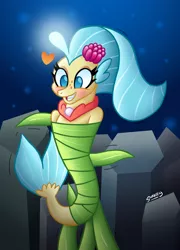 Size: 768x1068 | Tagged: safe, artist:snakeythingy, derpibooru import, princess skystar, seapony (g4), my little pony: the movie, blushing, female, heart, mummification, seaweed, seaweed wrap, smiling, story included, wrapped up, wrapping