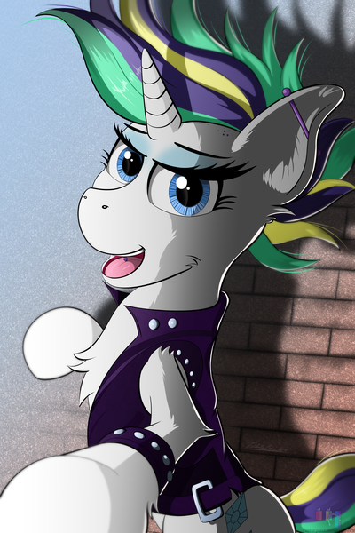 Size: 3000x4500 | Tagged: safe, artist:raptorpwn3, derpibooru import, rarity, unicorn, it isn't the mane thing about you, absurd resolution, alternate hairstyle, bracelet, brick wall, clothes, ear piercing, eyeshadow, industrial piercing, jacket, jewelry, makeup, piercing, punk, raripunk, solo, tongue piercing, wall