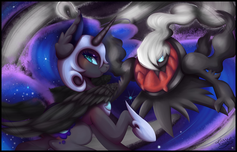 Size: 8100x5200 | Tagged: safe, artist:sayonaramisse, derpibooru import, nightmare moon, darkrai, pony, absurd resolution, crossover, looking at you, pokémon, smiling