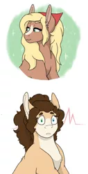 Size: 500x987 | Tagged: safe, artist:shortcake1284, derpibooru import, oc, oc:ambrosia apple, oc:swiss pie, unofficial characters only, earth pony, pony, blaze (coat marking), female, heterochromia, male, mare, offspring, parent:applejack, parent:cheese sandwich, parent:pinkie pie, parent:troubleshoes clyde, parents:cheesepie, parents:troublejack, simple background, stallion, white background