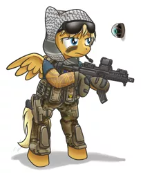 Size: 900x1103 | Tagged: safe, artist:buckweiser, derpibooru import, ponified, pegasus, pony, bipedal, blood type o positive, camouflage, clothes, eye black (makeup), face paint, female, first aid kit, gloves, gun, handgun, headscarf, holster, hoof hold, knee pads, mare, mpx, multicam, picatinny rail, pistol, rainbow six, rainbow six siege, red dot, reflex sight, scarf, shemagh, simple background, solo, sunglasses, tattoo, valkyrie, video game crossover, weapon, white background