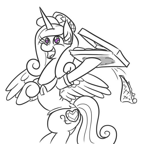 Size: 499x498 | Tagged: safe, artist:jargon scott, derpibooru import, princess cadance, alicorn, pony, 30 minute art challenge, bipedal, cadance's pizza delivery, clothes, dropping, female, food, hat, hoof hold, lineart, mare, monochrome, open mouth, peetzer, pizza, pizza box, shirt, simple background, sketch, smiling, solo, white background