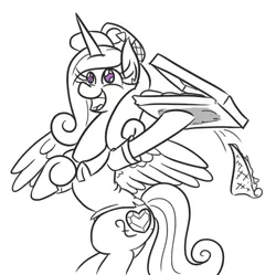 Size: 499x498 | Tagged: safe, artist:jargon scott, derpibooru import, princess cadance, alicorn, pony, 30 minute art challenge, bipedal, cadance's pizza delivery, clothes, dropping, female, food, hat, hoof hold, lineart, mare, monochrome, open mouth, peetzer, pizza, pizza box, shirt, simple background, sketch, smiling, solo, white background