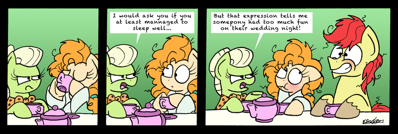 Size: 3191x1079 | Tagged: suggestive, artist:bobthedalek, derpibooru import, bright mac, granny smith, pear butter, earth pony, pony, the perfect pear, and that's how big mac was made, bathrobe, bed mane, blushing, brightbutter, clothes, comic, female, implied sex, male, messy mane, robe, scrunchy face, shipping, straight, teapot, unamused, young granny smith, younger