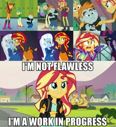 Size: 1801x1964 | Tagged: safe, derpibooru import, screencap, sci-twi, snails, snips, sunset shimmer, trixie, twilight sparkle, equestria girls, equestria girls (movie), equestria girls series, friendship games, rainbow rocks, rarity investigates: the case of the bedazzled boot, angry, caption, comparison, flawless, image macro, meme, pointing, text, truth, we're not flawless