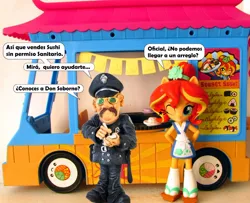 Size: 906x735 | Tagged: safe, artist:whatthehell!?, derpibooru import, sunset shimmer, equestria girls, bribery, clothes, doll, equestria girls minis, food, glasses, irl, photo, police, police officer, shoes, skirt, spanish, sunset sushi, sushi, toy, truck, uniform