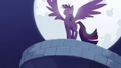 Size: 1200x675 | Tagged: safe, artist:bypenandhoof, derpibooru import, twilight sparkle, twilight sparkle (alicorn), alicorn, pony, female, mare, moon, night, solo, spread wings, wings