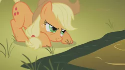 Size: 1280x720 | Tagged: safe, derpibooru import, screencap, applejack, earth pony, pony, fall weather friends, applejack's hat, cowboy hat, crouching, female, hat, mare, solo