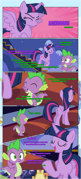 Size: 1919x4225 | Tagged: safe, artist:estories, derpibooru import, spike, twilight sparkle, twilight sparkle (alicorn), alicorn, dragon, pony, comic:a(pple)ffection, comic, dialogue, eyes closed, female, grammar error, mare, open mouth, raised hoof, rear view, smiling, sneezing, stairs