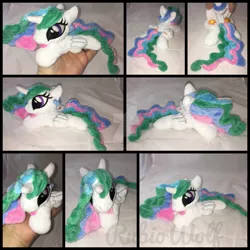 Size: 1600x1600 | Tagged: safe, artist:rubiowolf, derpibooru import, princess celestia, alicorn, pony, beanie (plushie), female, folded wings, hand, irl, mare, missing accessory, photo, plushie, prone, solo, wings