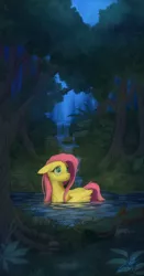 Size: 1500x2854 | Tagged: safe, artist:1jaz, derpibooru import, fluttershy, duck, duck pony, firefly (insect), insect, pegasus, pony, bathing, female, floppy ears, flutterduck, forest, mare, night, outdoors, river, solo, swimming, water, waterfall