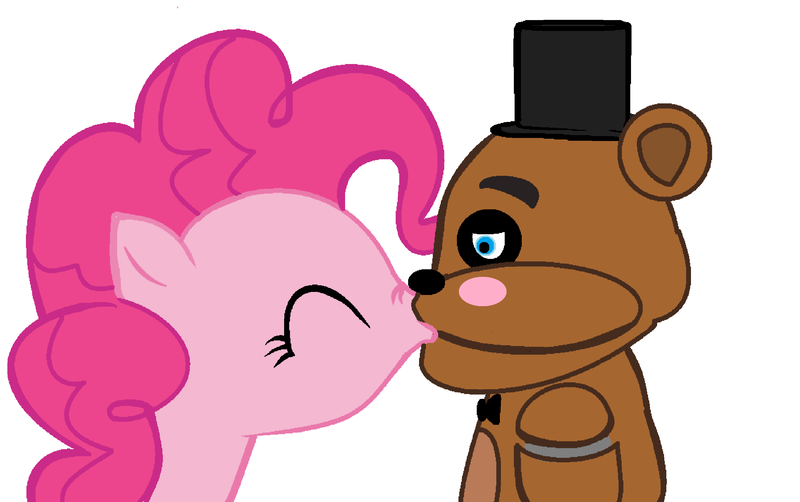 Size: 3148x1976 | Tagged: animatronic, artist:twilightlsparkle, blushing, crossover, crossover shipping, derpibooru import, female, five nights at freddy's, freddy fazbear, kissing, male, pinkie pie, safe, shipping, simple background, straight, white background