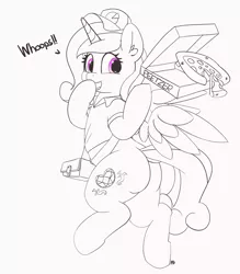 Size: 5442x6223 | Tagged: safe, artist:pabbley, derpibooru import, princess cadance, alicorn, pony, absurd resolution, butt, cadance's pizza delivery, clothes, cute, cutedance, female, food, hat, lovebutt, mare, peetzer, pizza, pizza box, shirt, simple background, smiling, solo