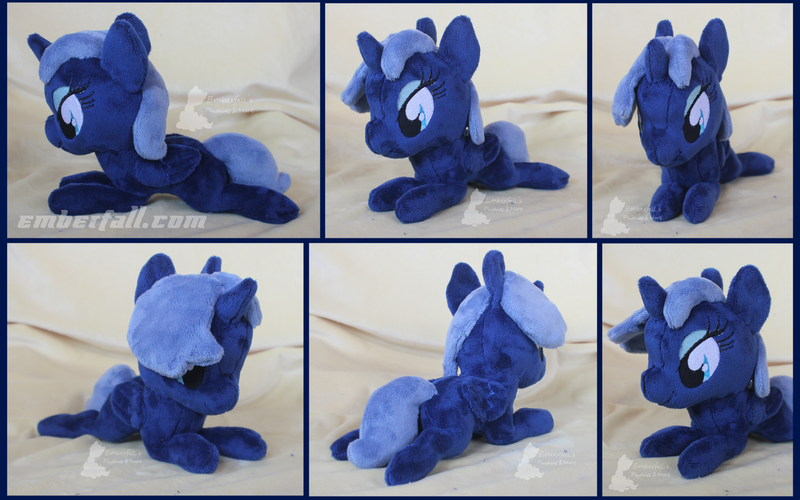 Size: 1600x1000 | Tagged: safe, artist:emberfallplush, derpibooru import, princess luna, alicorn, pony, beanie (plushie), female, folded wings, irl, mare, missing accessory, photo, plushie, prone, s1 luna, solo, wings