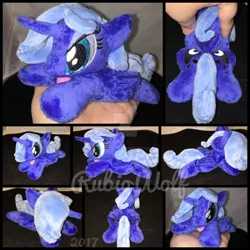 Size: 1600x1600 | Tagged: safe, artist:rubiowolf, derpibooru import, princess luna, alicorn, pony, beanie (plushie), female, folded wings, hand, irl, mare, missing accessory, photo, plushie, prone, s1 luna, solo, tongue out, wings