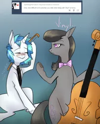 Size: 1050x1300 | Tagged: safe, artist:rflzqt, derpibooru import, octavia melody, vinyl scratch, earth pony, pony, unicorn, ask, bipedal, blushing, bow (instrument), bowtie, cello, cello bow, dialogue, eyes closed, female, gradient background, lesbian, mare, musical instrument, necktie, scratching, scratchtavia, shipping, sitting, smiling, tumblr, vinyl and octavia in romance