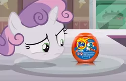 Size: 691x446 | Tagged: safe, derpibooru import, edit, edited screencap, screencap, sweetie belle, pony, forever filly, exploitable meme, female, filly, food, meme, plate, pod, solo, sweetie's plate, tide, tide pods