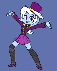 Size: 2800x3500 | Tagged: safe, artist:khuzang, derpibooru import, trixie, equestria girls, equestria girls series, street magic with trixie, spoiler:eqg series (season 2), animatic, blue background, clothes, commission, cute, diatrixes, hat, high heels, leggings, pleated skirt, pony history, shoes, simple background, skirt, socks, solo, stockings, storyboard, street magic, thigh highs, top hat