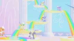 Size: 1280x720 | Tagged: safe, derpibooru import, screencap, cloud break, emerald green, green gem, parasol, rainbowshine, sunshower raindrops, thorn (character), pegasus, pony, sonic rainboom (episode), background pony, liquid rainbow, rainbow, weather factory, weather factory uniform