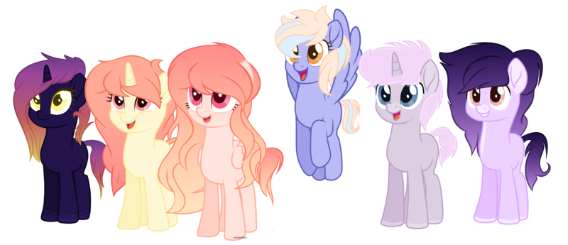 Size: 4984x2152 | Tagged: safe, artist:venomns, derpibooru import, oc, oc:amber, oc:lavender, oc:nova (venomns), oc:skye, oc:soleil, oc:violet, unofficial characters only, earth pony, pegasus, pony, unicorn, base used, female, high res, mare, movie accurate, simple background, transparent background