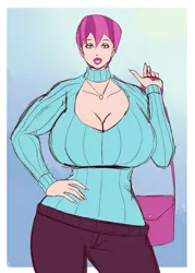 Size: 1073x1500 | Tagged: artist:annon, big breasts, bimbo, breasts, cherry blossom (idw), cleavage, clothes, curvy, derpibooru import, female, huge breasts, human, humanized, idw, jewelry, keyhole turtleneck, looking at you, muscles, necklace, open-chest sweater, purse, solo, solo female, suggestive, sweater, turtleneck, wide hips