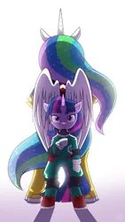 Size: 1080x1920 | Tagged: safe, artist:vavacung, derpibooru import, princess celestia, twilight sparkle, alicorn, unicorn, all might, all might's hero costume, anime, clothes, crossover, deku's hero costume, female, horn, izuku midoriya, mare, mentor and protege, my hero academia, quirked pony, shoes, standing, teacher and student, wings