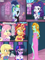 Size: 768x1024 | Tagged: safe, artist:ilaria122, derpibooru import, applejack, fluttershy, lightning dust, rainbow dash, rarity, sci-twi, soarin', sunset shimmer, twilight sparkle, comic:a mysterious rival, equestria girls, alternate hairstyle, blushing, dancing, equestria girls-ified, female, geode of empathy, geode of fauna, geode of shielding, geode of super speed, geode of super strength, geode of telekinesis, heart eyes, lightning babe, magical geodes, male, shipping, soarindash, straight, wingding eyes