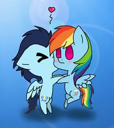 Size: 576x642 | Tagged: safe, artist:rosiele-leal, derpibooru import, rainbow dash, soarin', pony, blushing, female, kiss on the cheek, kissing, male, shipping, soarindash, straight, super deformed