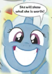 Size: 419x599 | Tagged: cropped, cute, derpibooru import, diatrixes, grin, happy, irrational exuberance, low quality, lowres, safe, skill, smiling, solo, trixie, trixie n'abandonne jamais !, worth