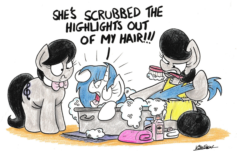 Size: 2277x1468 | Tagged: safe, artist:bobthedalek, derpibooru import, octavia melody, vinyl scratch, oc, oc:mixed melody, oc:octavia's mother, earth pony, pony, unicorn, aggressive mothering, apron, bath, bathtub, bottle, bubble, cloth diaper, clothes, mothers gonna mother, scott pilgrim vs the world, simple background, towel, traditional art, wet, wet mane, white background