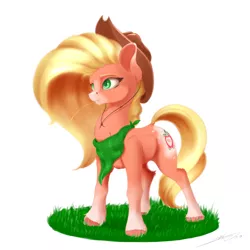 Size: 3000x3000 | Tagged: safe, artist:skitsniga, derpibooru import, applejack, earth pony, pony, leak, spoiler:g5, applejack (g5), bandana, coat markings, cowboy hat, female, g5, hat, mare, simple background, socks (coat marking), solo, stetson, white background