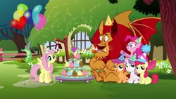 Size: 1280x720 | Tagged: animation error, apple bloom, balloon, cupcake, cutie mark crusaders, derpibooru import, fluttershy, food, gummy, happy birthday to you!, hat, manny roar, manticore, missing cutie mark, party hat, pinkie pie, safe, scootaloo, screencap, sweetie belle