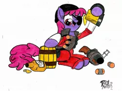 Size: 2111x1583 | Tagged: safe, artist:brekrofmadness, derpibooru import, berry punch, berryshine, pony, cider, crossover, demoman, drunk, go home you're drunk, keg, mug, solo, tankard, team fortress 2, traditional art