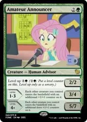 Size: 375x523 | Tagged: safe, derpibooru import, edit, fluttershy, equestria girls, equestria girls series, fluttershy's butterflies, ccg, fluttershy's butterflies: rainbow dash, geode of fauna, magic the gathering, magical geodes, microphone, trading card, trading card edit