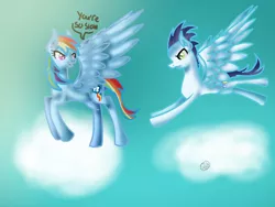 Size: 1024x768 | Tagged: safe, artist:commandereclipse, derpibooru import, rainbow dash, soarin', pony, cloud, female, male, shipping, soarindash, straight