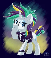 Size: 1680x1924 | Tagged: safe, artist:iheartjapan789, derpibooru import, rarity, pony, unicorn, it isn't the mane thing about you, alternate hairstyle, clothes, female, mare, movie accurate, punk, raised hoof, raripunk, smiling, solo