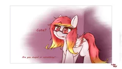 Size: 2304x1296 | Tagged: safe, artist:ruby dusk, derpibooru import, oc, oc:ruby dusk, unofficial characters only, pegasus, pony, glasses, i'm not cute, simple background, solo