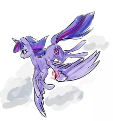 Size: 858x922 | Tagged: safe, artist:candasaurus, derpibooru import, twilight sparkle, twilight sparkle (alicorn), alicorn, pony, female, flying, mare, simple background, solo