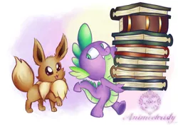 Size: 1024x731 | Tagged: artist:animechristy, book, crossover, cute, derpibooru import, eevee, pokémon, safe, spike