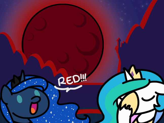 Size: 648x486 | Tagged: safe, artist:flutterluv, derpibooru import, princess celestia, princess luna, alicorn, pony, series:flutterluv's full moon, 2018 super blue blood moon, :d, animated, blood moon, blue moon, canterlot, celestia is not amused, chibi, cute, dialogue, duo, eyes closed, facehoof, floppy ears, lunabetes, moon, night, open mouth, royal sisters, seizure warning, smiling, unamused