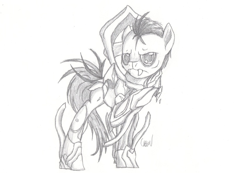 Size: 2773x2045 | Tagged: safe, artist:ethereal-desired, derpibooru import, ponified, pony, didact, fangs, halo (series), monochrome, raised hoof, solo